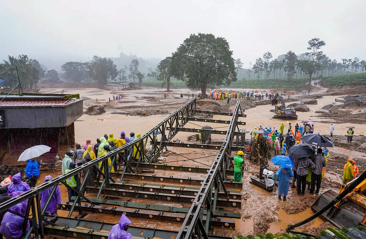 A Bailey bridge being constructed after landslides triggered by heavy rain at Chooralmala, in Wayanad district, Wednesday, July 31, 2024. - PTI